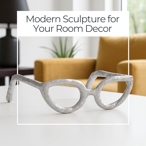 Cateye Glasses Decorative Object – Aluminum Sculpture Modern Home Decor Ornament – Shelf Styling & Coffee Table Decor for Bathroom, Office & Living Room – 7"x3", Silver - color: Silver Cateye