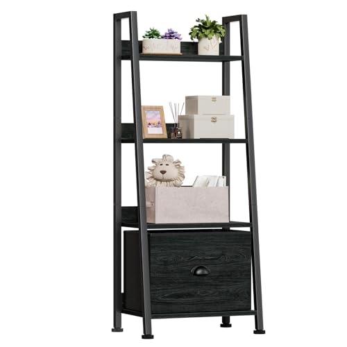 Furologee 4-Tier Ladder Shelf, Ladder Bookshelf with Removable Drawer, Bookcase Storage Rack Organizer, Freestanding Storage Shelves for Living Room, Home Office, Bedroom, Black Oak - color: Black Oak, size: 4-Tier, 15" W