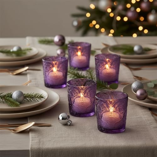 6 Pack Mandala Embossed Glass Candle Holders – Votive Tealight Holders with Patent Design, Decorative Embossed Glass Cups for Wedding Centerpieces, Parties, and Home Décor (Amethyst Bloom) - color: Amethyst Bloom