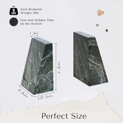 Modern Wedge Marble Bookends – Hand Carved, Polished Stone Bookends w/Non-Slip Rubber Pads – Lightweight & Compact Decorative Bookends (Green) - color: Green