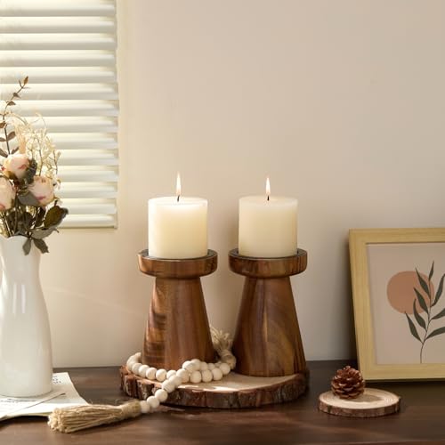 Acacia Wood Candle Holders for Pillar Candles, Set of 2 Vintage Rustic Tall Modern Farmhouse Decor, Decorative Wooden Candlestick Stand for Fireplace Mantel, Table Centerpiece - color: Acacia Wood
