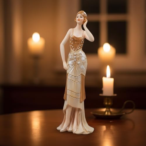Comfy Hour 13" Glamour Elegance Art Deco Lady Figurine, Elegant Standing Woman Statue in Shimmering Gold and Tan Gown, Roaring 20s Style Desktop Decor Accent, 1 Unit - color: Elegant Standing Lady