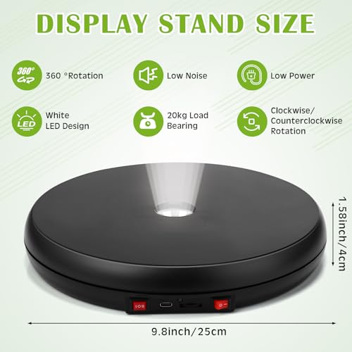 Colingmill LED Light Motorized Rotating Display Stand Turner 360 Degree Display Spinner 10 Inch/44lbs Black Electric Rotating Display Base with USB Cable for Photography Products Display Jewelry