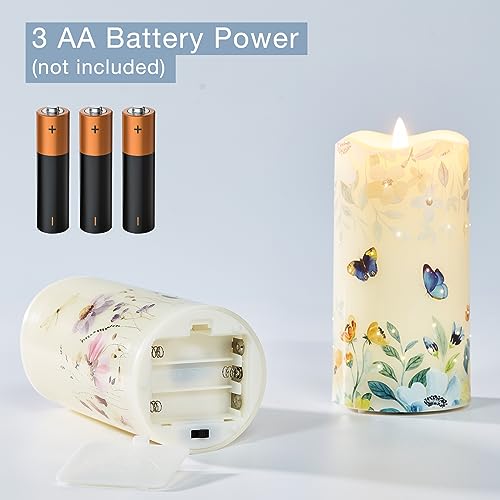 Eywamage Fiber Optic Flameless Pillar Candles with Remote Set of 3, Butterfly Floral Spring LED Candles Battery Operated Φ 3" H 6" - color: Butterfly Floral