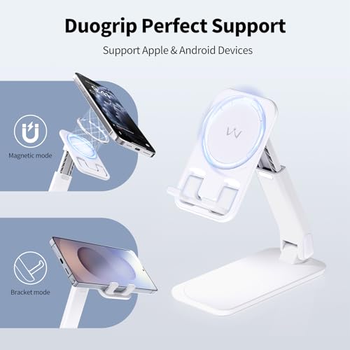 iWALK Magnetic Cell Phone Stand for Desk, Angle and Height Adjustable Mobile Phone Holder, Foldable Magnet Stand for iPhone 17 16 15 14 13 12 Pro Max and iPad, Cell Phone Holder for Samsung, White - color: White