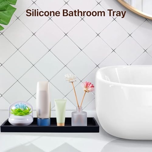 Bathroom Vanity Tray - 2PC (11.8 '' and 8'') Silicone Kitchen Sink Tray for Perfume Soap Towel Bathroom Accessory for Soap Dispenser Vanity Trays, Black - color: Black, size: M+Mini