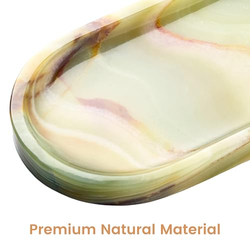 Natural Marble Decorative Tray for Countertop Organizer,Vanity Tray Trays for Jewelry Perfume Candle, Luxury Oval Stone Dish for Bathroom, Bedroom, 9.8"x4.4" Catchall Tray, Olive Green