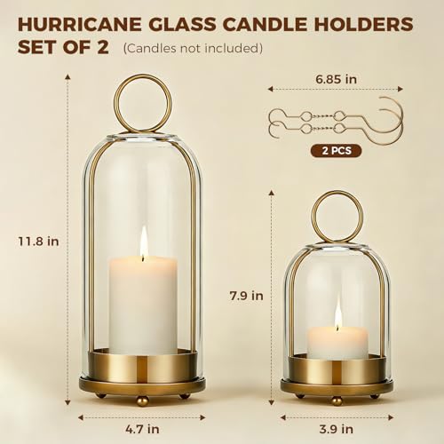 5"&4" Hurricane Glass Candle Holders, Hanging Brass Metal Candle Holder for Pillar Candles Table Coffee Table Decor Interior Decoration - color: Gold