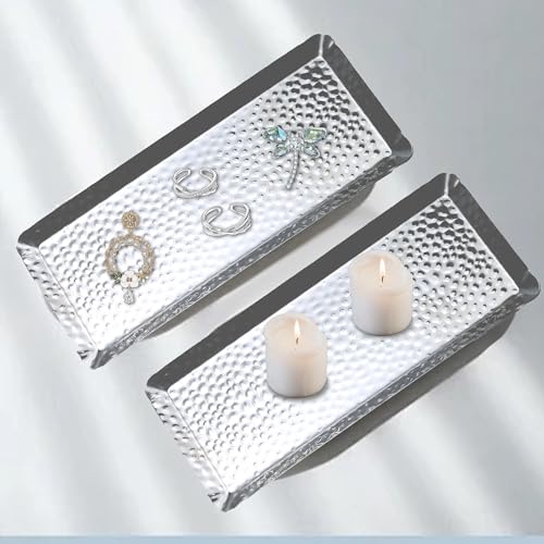 10x4inch Hammered Rectangular Tray, Stainless Steel Decorative Serving Tray, Silver Platter for Kitchen, Bathroom, Bar, Vanity Storage - color: Silver