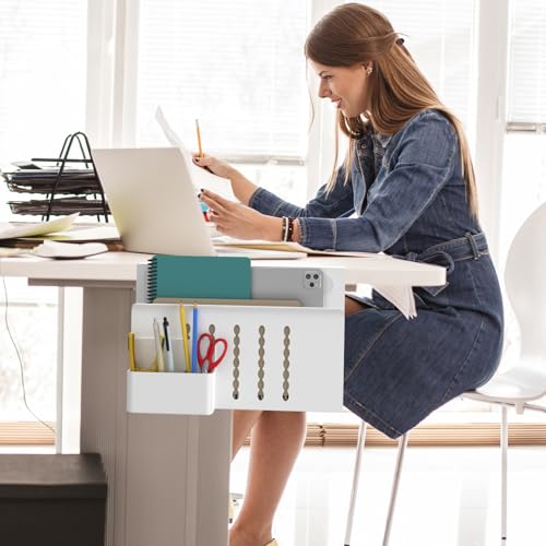 HAMOPY Desk Side Storage, Single-Layer Steel Hanging Desk Organizer with Magnetic Pen Holder, No Drilling Desk Drawer Cable Management Tray, Under Desk Laptop Holder for Office, School&Home(White) - color: White, size: Single(1 Tier)