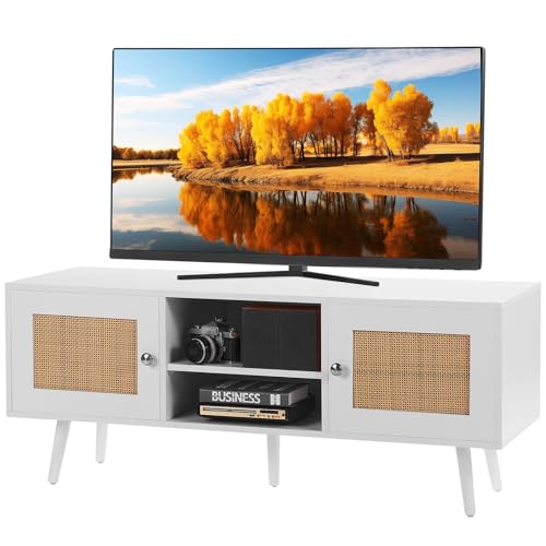 VEVOR Rattan Mid Century Modern TV Stand, Boho TV Console for 55 inch TV, White - color: White, size: for 55" TVs