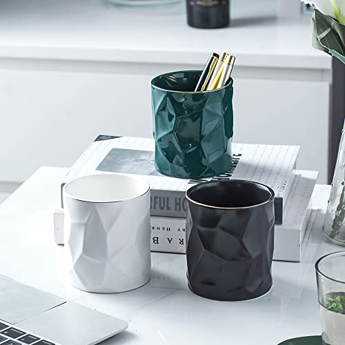Ceramic Irregular Round Pen Holder For Desk Cute Stand Gold Line Aesthetic Pencil Cup Pot Desk Organizer for Men Women Makeup Brush Holder (Black) - color: Black