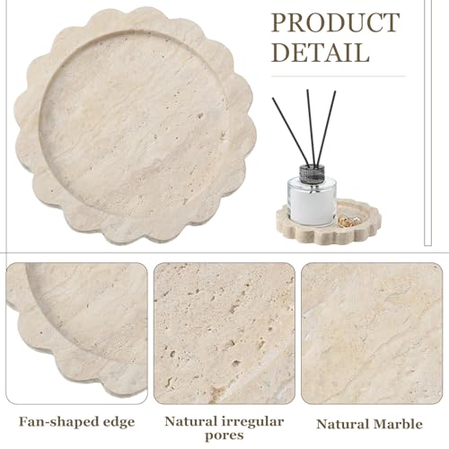 Threehoney 5.5 Inch Small Travertine Scallop Edge Stone Tray Marble Jewelry Dish Trinket Tray for Women, Perfume, Coffee Table(Round) - style: Round