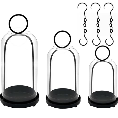 3 Pack Metal Candle Holders with Glass Dome, 5.5" & 4.7" & 3.9" Wide Black Candlestick Holders Set, Versatile Hurricane Lanterns Candleholders for Pillar Candle, Decorative Glass Display Dome Stands - color: Black