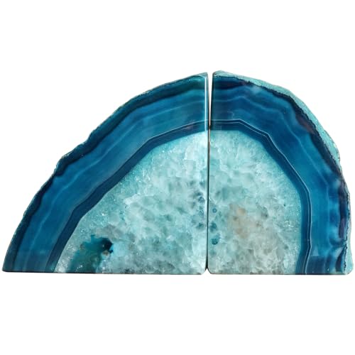 AMOYSTONE Large Agate Geode Bookends Heavy Duty Stone Book Ends Decorative Bookend Holder Home Office Decor with Rubber Bumpers Teal 1 Pair 4-6 LBS - color: Dyed Teal, size: 4-6LBS