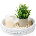 Decorative Wooden Tray: Beaded Round Coffee Table Tray for Centerpiece, Rustic Farmhouse Wood Serving Tray for Entry, Living Room and Kitchen Counter Decor, 11.8 inch - Distressed White