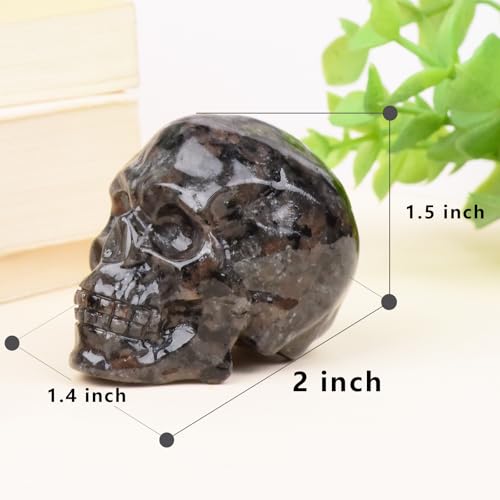 2 Inch Flame Yooperlite Stone Crystal Skulls Decor,Human Skull Sculpture Statues Healing Crystal Decor,Halloween Skull Figurines,Home Office Decoration Christmas Meditation Gifts for Men Women - color: Flame Stone