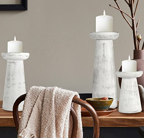 Hand Crafted Wooden Pillar Candle Holder Set of 3, Ideal for LED and Pillar Candle, Gift for Wedding, Christmas, Party, Home, Spa, Reiki, Aromatherapy,Votive Candle Gardens, 10,8,6 Inch, Antique White - color: Antique White, size: 10,8,6 Inch Set of 3 - P