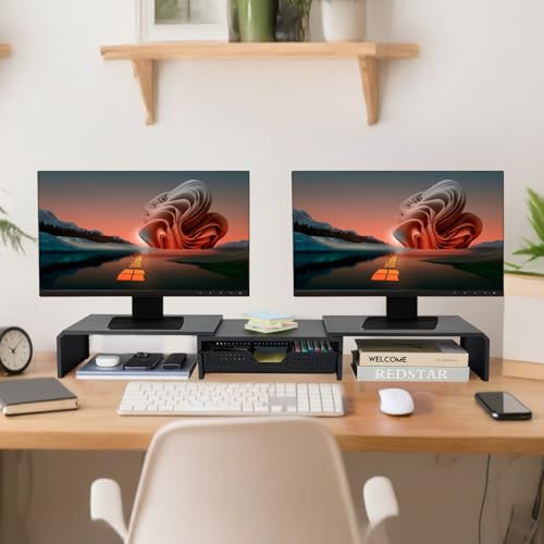 LEKETREE Dual Monitor Stand Riser with Drawer, Computer Stand for Desk, Workspace Desktop Stand, Desk Organizer for Computer, Laptop, TV and More (Black) - color: Black