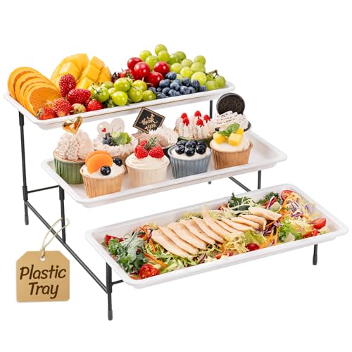 Lifewit 3 Tier Serving Tray, 36 x 17 cm/14 x 6.5" White Plastic Tiered Food Serving Platters, Tiered Tray Stand for Party with Black Collapsible Metal Stand, Dessert Display Stand for Cookies/Crackers - size: 14" x 6.5", style: Basic