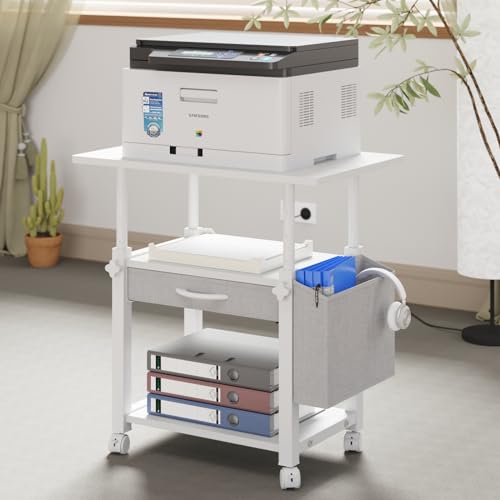 YAOHUOO Large 22"x15" Printer Stand, 3-Tier Height Adjustable with Storage Drawer & Side Bag, Rolling Cart for Heat Press/Laser/3D Printer (White) - color: White, size: 3-Tier