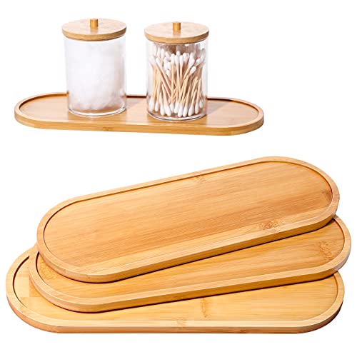 Chengu 3 Pcs Bamboo Vanity Trays for Bathroom Small Wooden Serving Tray for Bathroom Counter Food Appetizer Tea Dessert Kitchen Candle Tissue Toilet Tank Home Decor, 11 x 4 Inch(Oval Edge Style) - style: Oval Edge Style