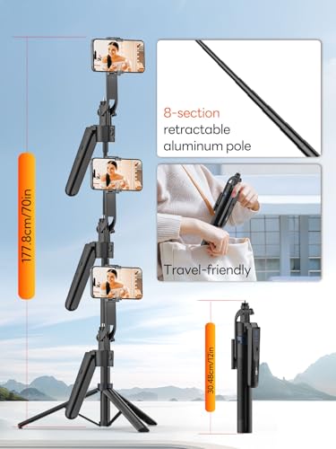USKEYVISION 70” Auto Face Tracking Tripod, Extendable 360° Rotation Phone Tripod for iPhone and Android, Selfie Stick for iPhone w/Remote Control,Phone Holder Video Recording for TikTok(UTK-01) - size: UTK-01(auto face tracking tripod)