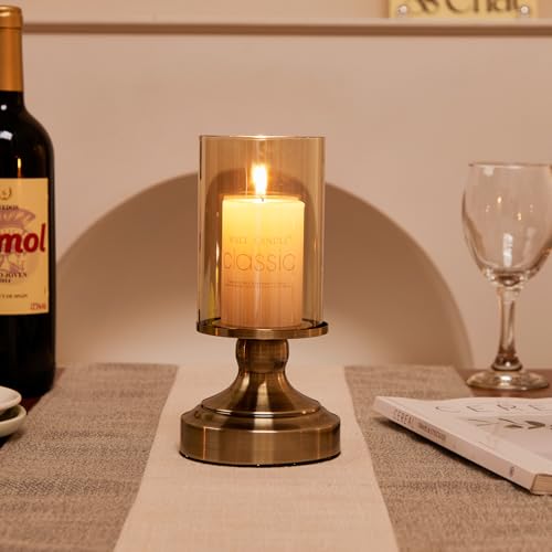 Brass Hurricane Candle Holder with Glass Lid, Anti-Tip Pillar Candle Holder for Wedding Dining Party Table Centerpiece, Elegant Home Decor