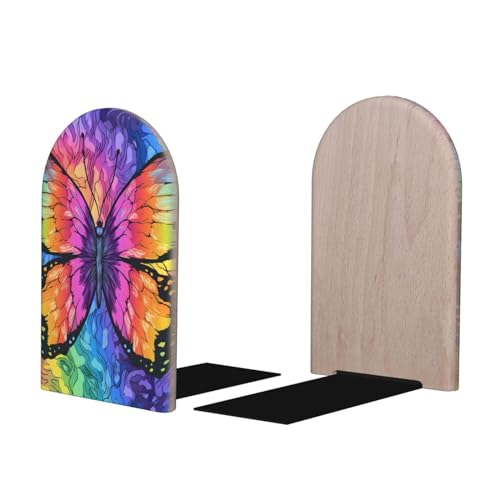 Decorative Bookends 2 Pcs Colorful Rainbow Butterfly Wood Bookends for Shelves Heavy Books Kids Non-Skid Book Ends Stoppers for Office Desk Kitchen School - color: Colorful Rainbow Butterfly