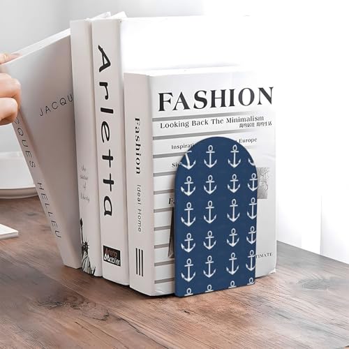 Book Ends for Shelves 1 Pair - Minimalist Anchor White Print Wood with Metal Base Bookends for Heavy Books, Book Stand Organizer Holder for Books Cds Movies for Home Office Decorative