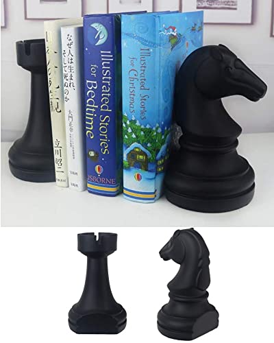 Decorative Chess Bookends for Shelves, Book Ends Decorative for Office Heavy Books, 7x7x4 inches, Black,1Pair/2Piece (Chess)