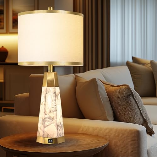 KIVDITZO 27" Alabaster Table Lamps Set of 2 - Lamps for Living Room with Night Light, Bedside Lamps with White Linen Shade, Nightstand Table Lamp with USB A+C Port for Bedroom Office (Bulb Included) - color: Golden Colored-2
