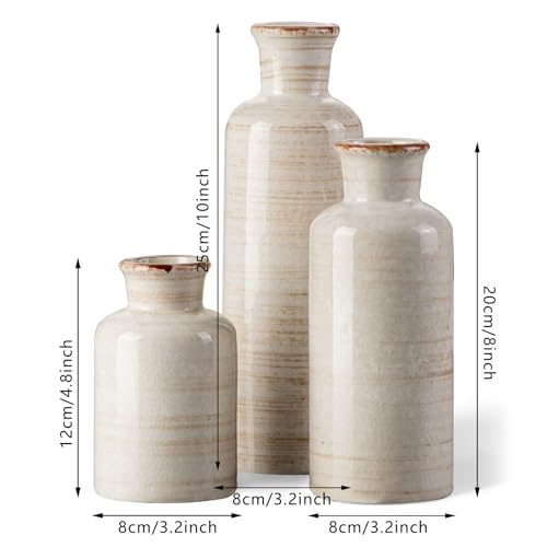 CwlwGO- Ceramic Rustic Vase 3 Piece Set,Small vase for Country Home Decoration,Modern Farmhouse Decor, Living Room Table Decoration, Bookcase, Fireplace and Entrance Decorations.(White) - color: Ivory