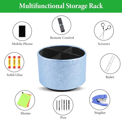 lizimandu Round Leather Art Supply Organizer,Remote Control Holder,360 Degree Spinning,Multi-Functional Pencil Holder,4 Compartments Desktop Stationary Organizer(1-Liuli Blue) - color: 1-Liuli Blue