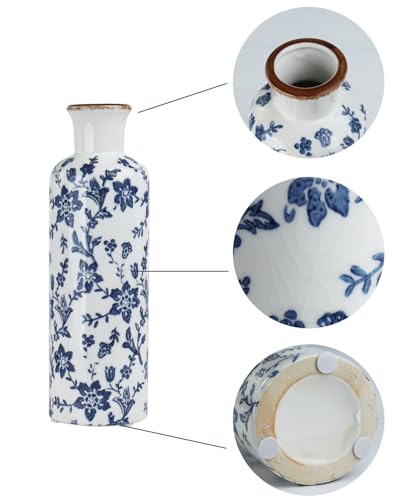 Ceramic Vase Set of 3, Vintage Ceramic Flower Vases, Crackle-Glaze & Distressed Rim, Blue Botanical Pattern, for Home Decor, Living Room Mantel & Dining Table Centerpiece - color: Blue