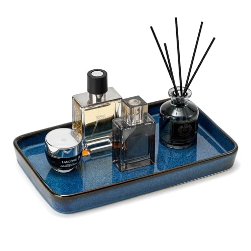 10"×6"×1" Bathroom Vanity Tray for Countertop- Ceramic Decorative Organizer Tray for Dresser Tops, Toilet, Perfume, Sponge Holder Soap Dish Dispenser for Kitchen Counter- Kiln-Transformed Blue - color: Kiln-transformed Blue-1 Pc