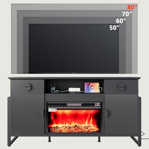 LGHM 70'' Fireplace TV Stand for TVs Up to 80 Inch, Fluted TV Stand with 30" Fireplace & Power Outlets, Farmhouse Entertainment Center with Storage Drawers for Living Room, Black - size: 38''H & Fireplace