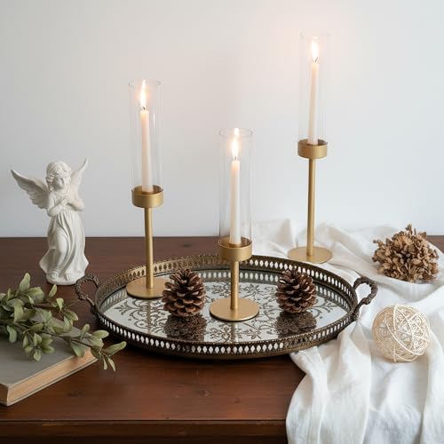 Ronasip Hurricane Candle Holders Set of 6, Matte Gold Metal Taper Candlestick Holders with Clear Glass Chimney Cylinder Tubes, Tall Candle Stands for Wedding, Christmas, Dining Table Centerpiece Decor