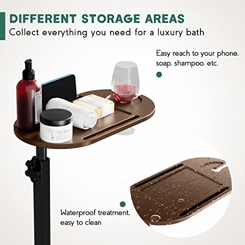 Yumkfoi Bamboo Bathtub Tray Table with Adjustable Height, Freestanding Bath Caddy Side Table for Tub Against Wall, Tub Shelf with Wine Glass Phone Holder, Functional Tray - Patent Protected (Brown) - color: Brown
