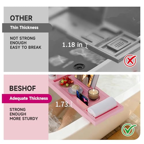 Foldable Bathtub Caddy Tray, Bamboo Bath Tub Tray Table for Tub with Wine Glass Holder Book Phone Tablet Holder with Extending Sides, Adjustable Bathroom Bathtub Free Soap Holder Gift Idea (Pink) - color: Pink