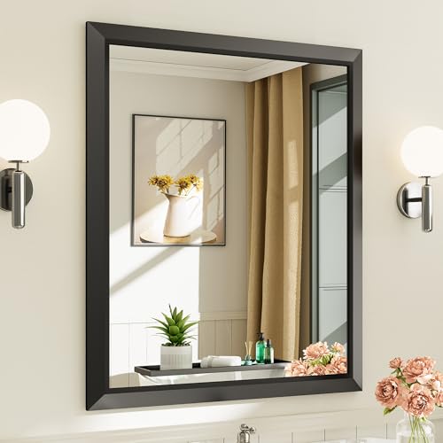Briivue 36x30 Inch Black Bathroom Mirror for Wall, Thick Metal Framed Rectangle Mirrors for Over Sink, Bedroom, Living Room, Entryway, Anti-Rust, HD Tempered Glass - color: Black, size: 36"L x 30"W