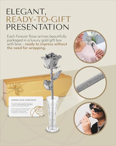Forever Rose The Platinum Dipped Rose, Custom Laser Engraved Platinum Flower in an Elegant Glass Vase & Gift Ready Box, Handcrafted Luxury Anniversary, Birthday, Wedding or Valentine’s Keepsake - color: Platinum