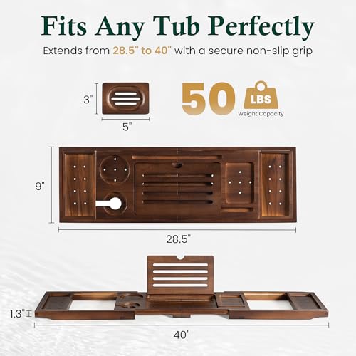 Teak Bathtub Tray, Bath Caddy with Wine Glass Holder, Phone Dock & Book Stand | Hands-Free Reading & Ultimate Spa Relaxation Experience-Brown - color: Classic Brown Teak