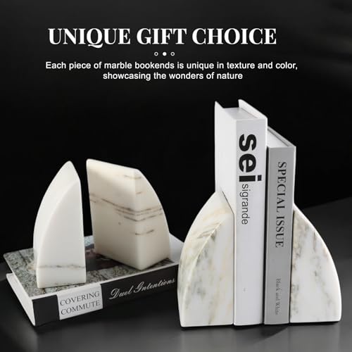 Koville Marble Bookends for Shelves, Large Bookends for Heavy Books, Natural Stone Book Stopper for Books CD Movies, Aesthetic Decorative Book Ends (Oriental Calacatta) - color: Sail-oriental Calacatta