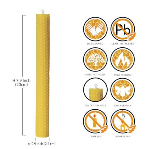 DEYBBY Handmade Beeswax Taper Candles, Dripless Wax Candles, Hand-Rolled Honeycomb Candles for Dinner Party, Set of 12 Flat Top（Brown Raw） - color: Brown Raw, size: 12 pack