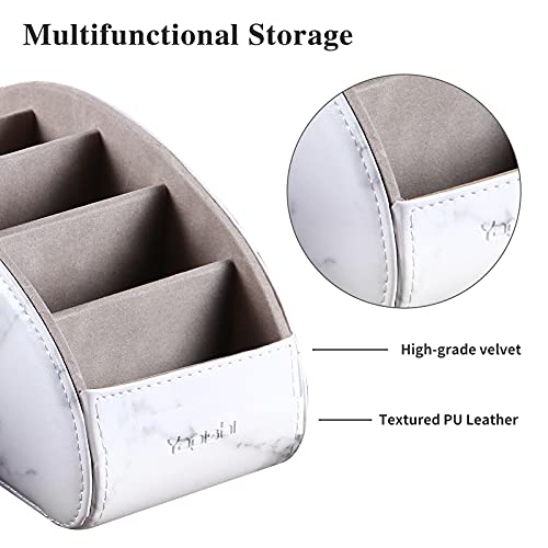 All-in-One Leather White TV Remote Holder with 5 Compartments Nightstand Desktop Media Player Remote Caddy Storage Box Organizer Tray for Mobile Phone Office Stationery - color: Marble White, size: Large