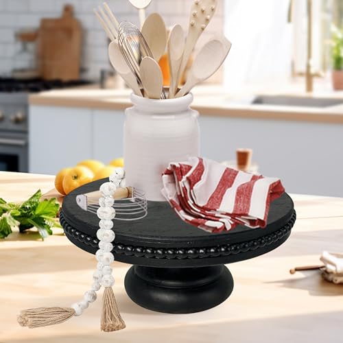 dwellington White Wash Display Wood Riser, 8.25inch Shabby Chic Pedestal Tray Decor with Beads, Farmhouse Display Stands for Coffee Bar, Bathroom, Kitchen Island (Black)