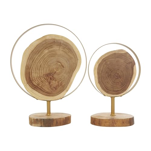 Deco 79 Wood Abstract Handmade Decorative Sculpture Live Edge Slab Home Decor Statues with Gold Metal Rings, Set of 2 Accent Figurines 14", 11"H, Brown - size: 14", 11"H