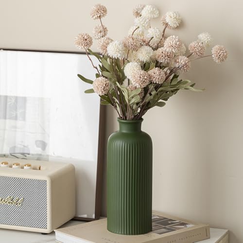 Green Ribbed Ceramic Vase for Flowers, Modern Textured Decorative Vase, 10 Inch Tall, 4 Inch Width, Farmhouse Style Home Decor (Matte Glaze Green) - color: Green