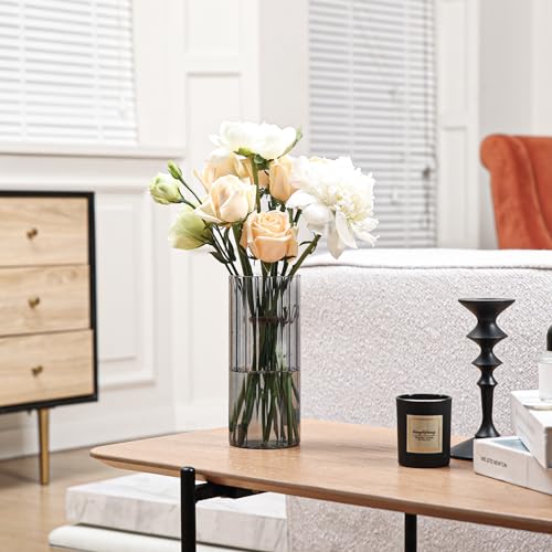 ComSaf Glass Cylinder Vases, Bud Vase for Centerpieces, 8 Inch Tall Ribbed Vase Hurricane Floating Candle Holder, Decorative Flower Vases for Wedding Reception, Home Decor, Housewarming Gift (Grey) - color: Gray